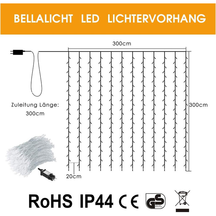 Світлодіодний струнний світильник BELLALICHT 400/10м, таймер, IP44, 8 режимів, внутрішній/зовнішній, 3x3m 300 світлодіодів