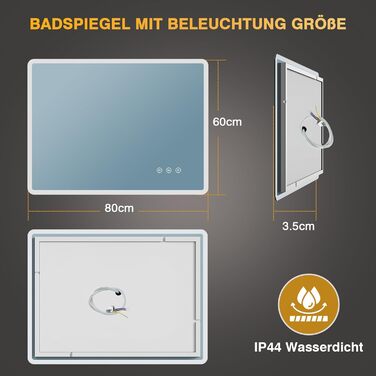 LED дзеркало для ванної кімнати 80x60 см з підсвічуванням, диммування, антизапар, 3 кольори світла, IP44, функція пам'яті, горизонтальне/вертикальне кріплення