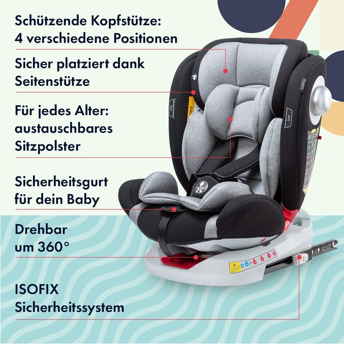 Бортове автокрісло Babify для немовлят і дітей, 0 місяців - 12 років, регульоване на 360, портативне та безпечне сидіння, зручне крісло з м'якою оббивкою. Сірий
