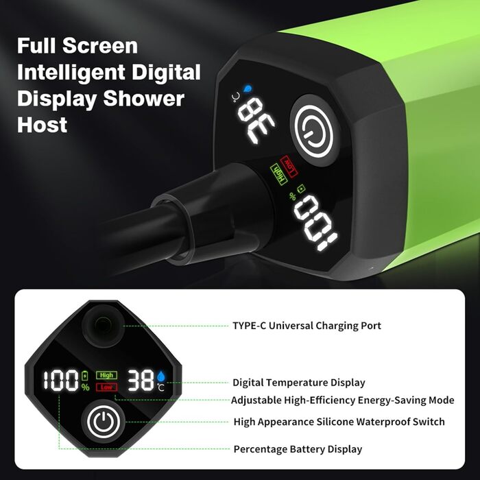 Набір для душу на кемпінг Green 6000mAh з цифровим дисплеєм та регулюванням, для дому та подорожей