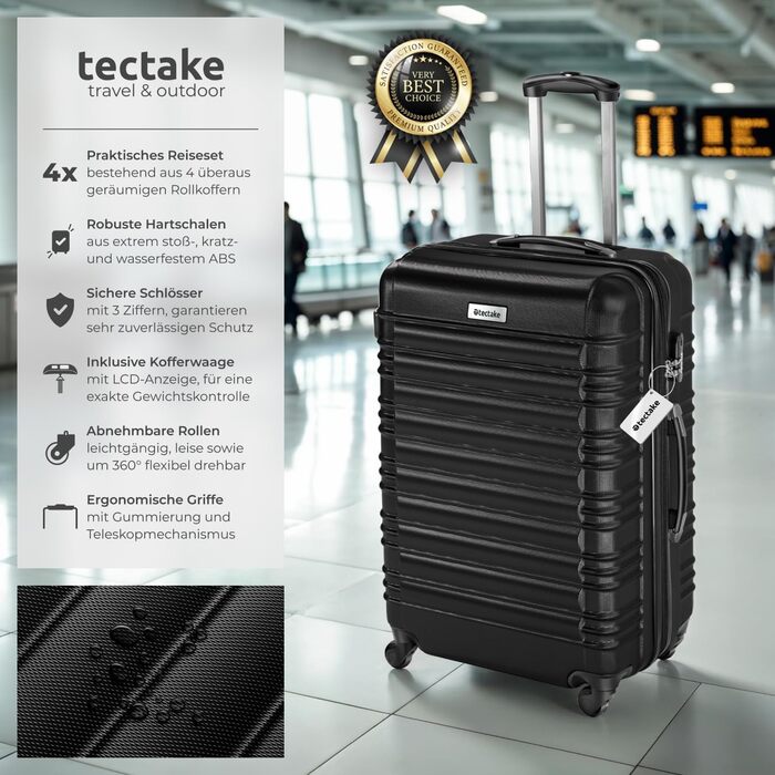 Набір валіз Tectake 4шт: S, M, L, XL з ABS пластику, з колесами, телескопічним ручками та замками. В комплекті вагова шалька та аксесуари для валіз. Чорний колір.