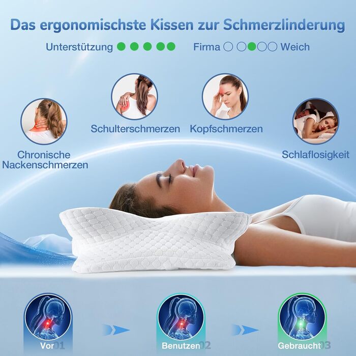 Ортопедична подушка для шиї з Memory Foam, сертифікат Oeko-TEX®, ергономічна подушка для сну на боці, спині та животі (біла)