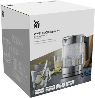 Електричний чайник WMF Küchenminis зі скла, 1 літр, бездротовий, з індикатором рівня води, фільтром від накипу та автовимкненням, 1900 Вт