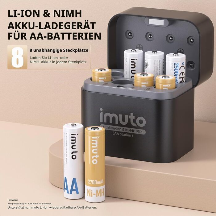 Набір акумуляторів imuto AA з зарядним пристроєм: 4 шт. Li-ion (3000mWh) та 4 шт. NiMH (2700mAh), універсальний зарядний пристрій на 8 слотів для побутової техніки