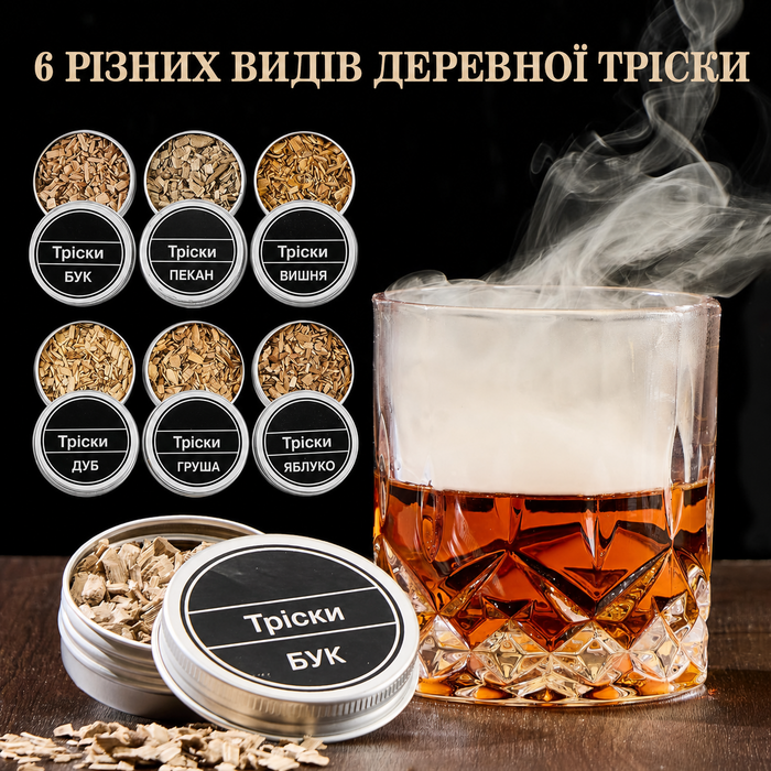 Набір для копчення коктейлів Jettory – комплект для віскі з 6 видами деревини та пальником, генератор диму для коктейлів і віскі, без бутану