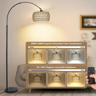 Торшер Rayofly з ротангу для вітальні, чорний, з LED-лампою, дистанційним керуванням та подвійним абажуром, Boho стиль, E27, керування через додаток