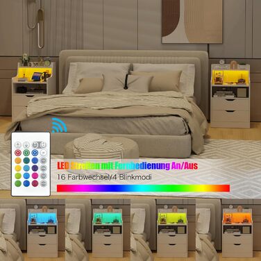 Комплект з 2 тумбочок PIPIPOXER з розеткою, білих, з LED-підсвіткою, 2 шухляди і 2 відкриті ніші, для спальні, сучасний дизайн, 45x35x72.5 см