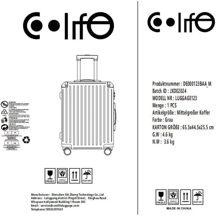Валіза COOLIFE середня сіра, жорсткий ABS-кейс із TSA-замком, телескопічною ручкою та 4 подвійними колесами для подорожей