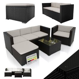 Juskys Lounge Punta Cana L: Комплект садово-розкішних меблів для 4-5 осіб (софа 3 місця, крісло, пуф, столик, подушки). Чудовий вибір для саду, тераси та балкону. Водостійкий набір меблів для відпочинку. Чорний/Крем.
