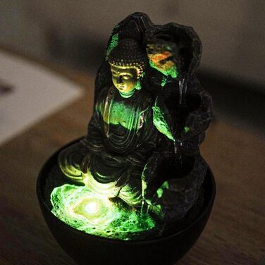 Декоративний кімнатний фонтан Будда з LED-підсвіткою, водоспад, Zen Feng Shui, Revata Zen'Light, 18 см – подарунок для дому, талісман на удачу
