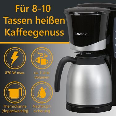 Кавоварка Clatronic KA 3327 з термочашею, 1 л, на 8-10 чашок, фільтр-кава, чорна/срібляста, автоматичне вимкнення, знімний фільтр, індикація рівня води