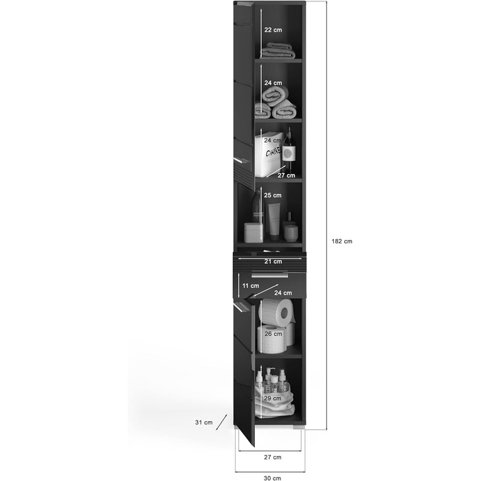 Шафа для ванної кімнати xonox.home Linus X18B5711, чорний глянець, 30x182x31 см