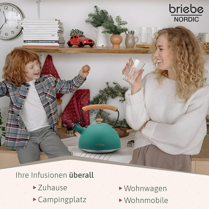Тостер Briebe Nordic Set 2-слотовий з підставкою для булочок, 6 рівнів підсмажування + Електричний чайник індукційний 2.3л, нержавіюча сталь, без BPA, Набір для сніданку в скандинавському дизайні (Зелений)