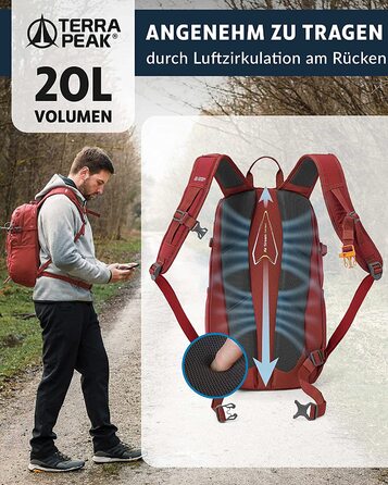 Рюкзак для туризму Terra Peak Flex 20 л, преміум, з вентиляцією спини, питною системою та дощовиком, темно-червоний, поліестер 3D Air Mesh, з поясним ременем