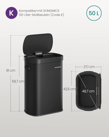 SONGMICS Сміттєве відро з сенсором, автоматичне, 50 л, відкриття рухом руки/дотиком, Softclose-кришка, сталь, 15 мішків, чорний LTB640B02