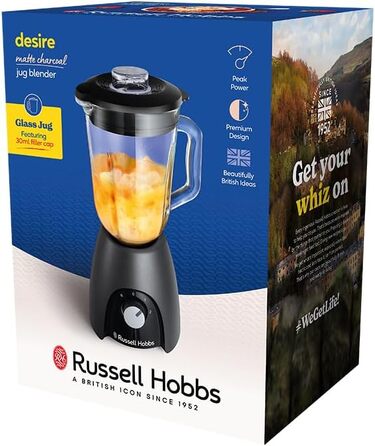 Стаціонарний блендер Russell Hobbs Smoothie Maker 27121-56, скляна чаша 1.5л, 850 Вт, 2 швидкості та імпульсний режим, Matte Charcoal