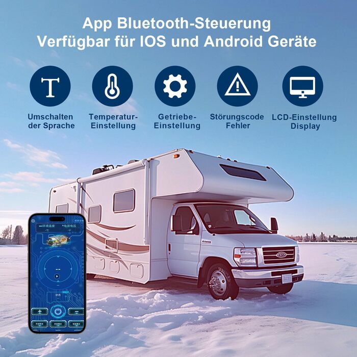Автономний дизельний обігрівач повітря Sonnewelt 12V 8кВт з глушником, LCD-дисплеєм та керуванням через Bluetooth APP для авто, кемпера, човна та вантажівки, чорний