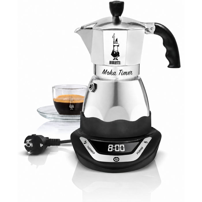 Електрична кавоварка Bialetti Moka з таймером, 6 чашок, 365 Вт, сріблясто-чорна