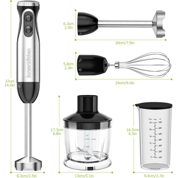 Блендер занурювальний Bonsenkitchen HB3203 4-в-1, 1000 Вт, нержавіюча сталь, з насадкою-мініподрібнювачем 500 мл та мірним стаканом 700 мл для дитячого харчування, чорний