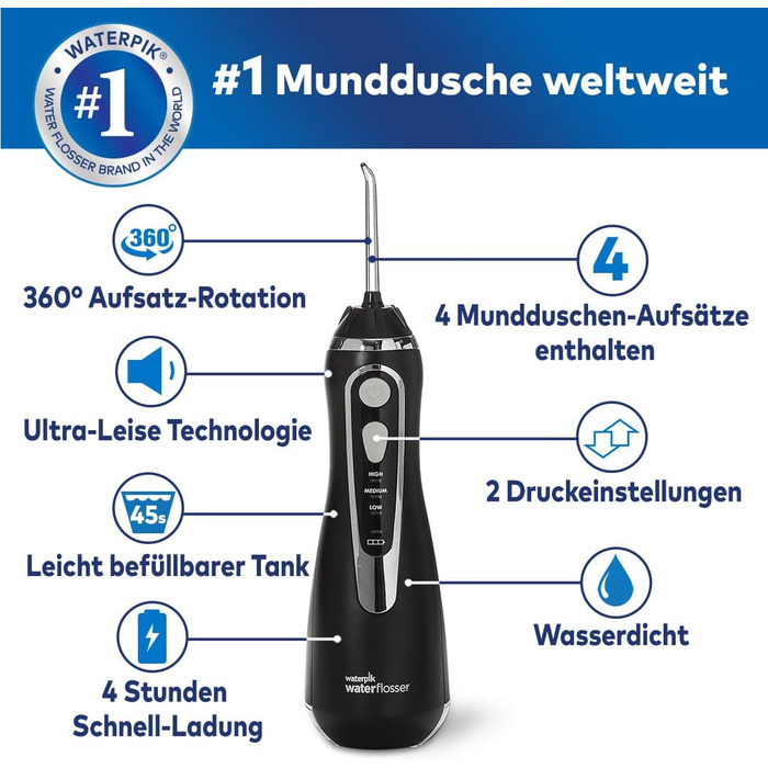 Waterpik Advanced Бездротова Іригатор для Рота, Тестер-Переможець 2024, Технологія Precision Pulse, до 99,9% видалення нальоту, 4 насадки, 3 режими, Індукційна зарядка, Білий (Cordless Advanced Black)