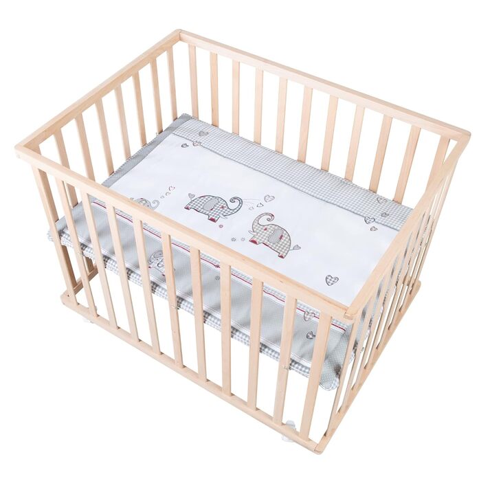 Дитячий манеж-ліжко roba Jumbo Twins 75x100 см, дерев'яний, з матрацем і колесами, регульований по висоті, натуральне дерево