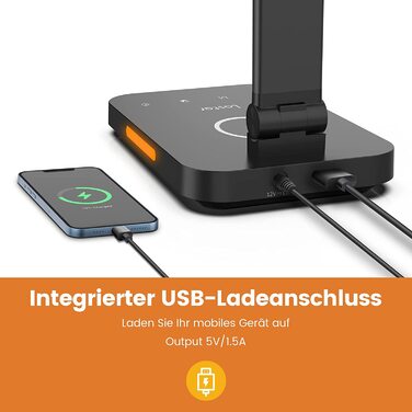 Світлодіодна настільна лампа LASTAR з бездротовою зарядкою, USB-портом, сенсорним керуванням, 5 режимами кольору, захистом для очей, пам’яттю та 5 рівнями яскравості, сучасна чорна