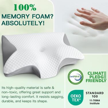 Подушка для шиї з піни Memory Foam 2-в-1, ергономічна, 60x40x12/14 см, сіра - для сну на спині, боці та животі