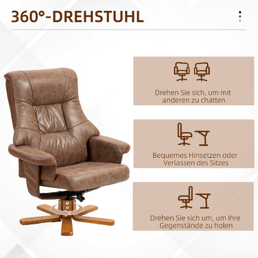 Крісло-релакс із пуфом, поворотне на 360°, нахил 135°, дихаюча оббивка, 78 x 82,5 x 109 см, коричневе