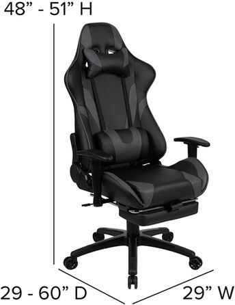 Ігрове крісло Flash Furniture X30, ергономічне, з повністю регульованою спинкою та висувною підставкою для ніг, LeatherSoft, сіре, стиль автоспорт, 1 шт.