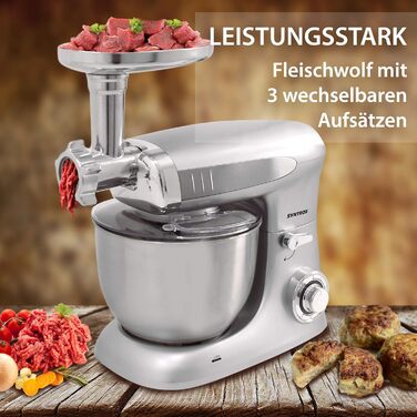 Кухонна машина Syntrox Germany KM-1300W Silver de Luxe з м'ясорубкою, міксером і 6,5 л чашею з нержавіючої сталі, 1300 Вт, срібляста