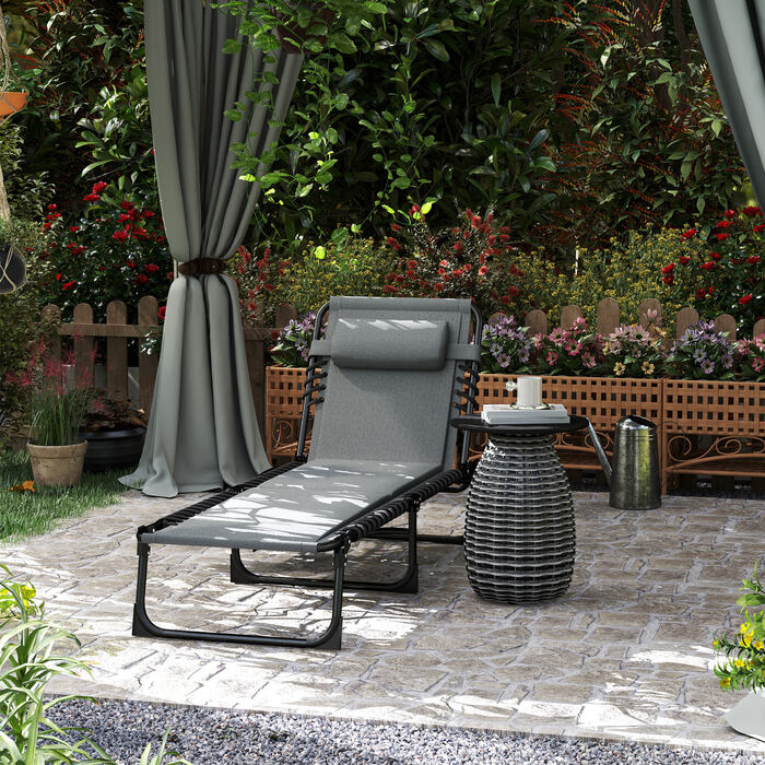 Складний садовий шезлонг Outsunny Sun Lounger з бічною сумкою-подушкою, м'який шезлонг з регульованою спинкою в 5 напрямках, стійкий до погодних умов шезлонг з навантаженням до 120 кг, для садового пляжу темно-сірий