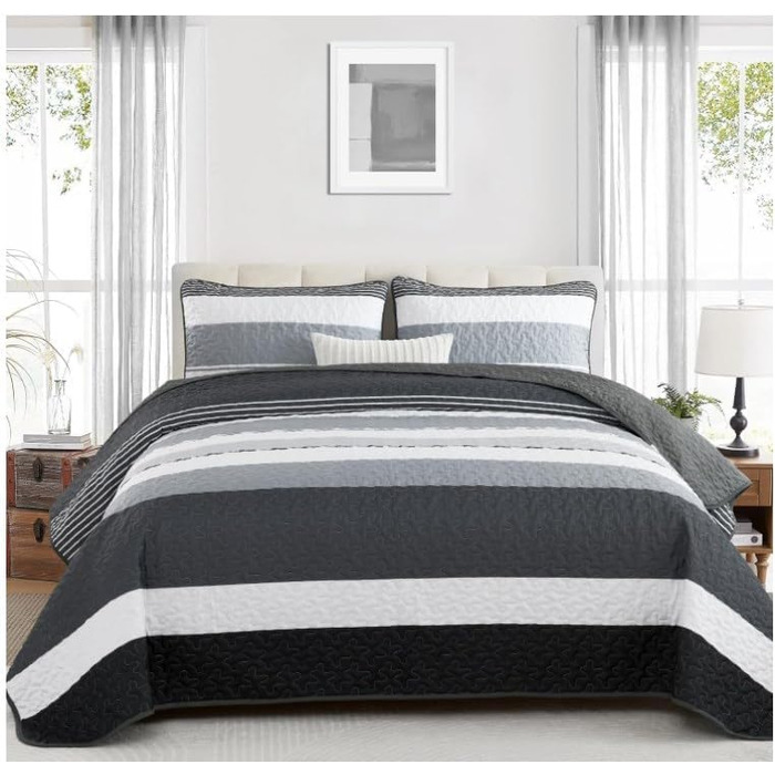 Покривало WONGS BEDDING 220x240 см синє, стьобане, мікрофібра, комплект 3 предмети (покривало + 2 наволочки 50x75) для двоспального ліжка, для спальні або дивана