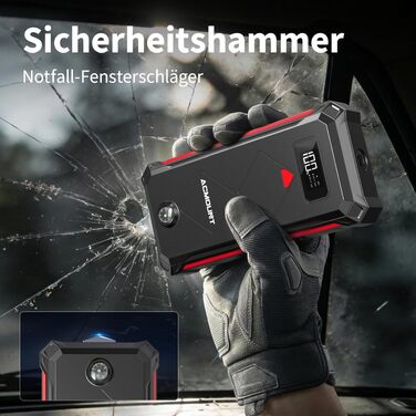 Бустер-пусковий пристрій Acmount P110 7000A Jump Starter для авто, SUV, мотоциклів та газонокосарок (бензин до 12л, дизель до 10л) з LED-ліхтарем, компасом та аварійним молотком, червоний