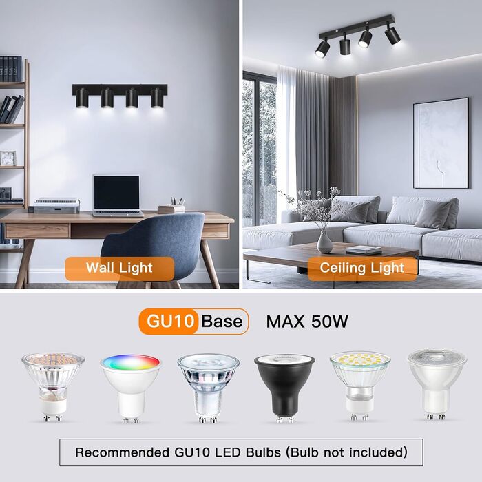 Стельовий світильник Ketom GU10 LED, чорний, на 4 лампи, поворотні споти