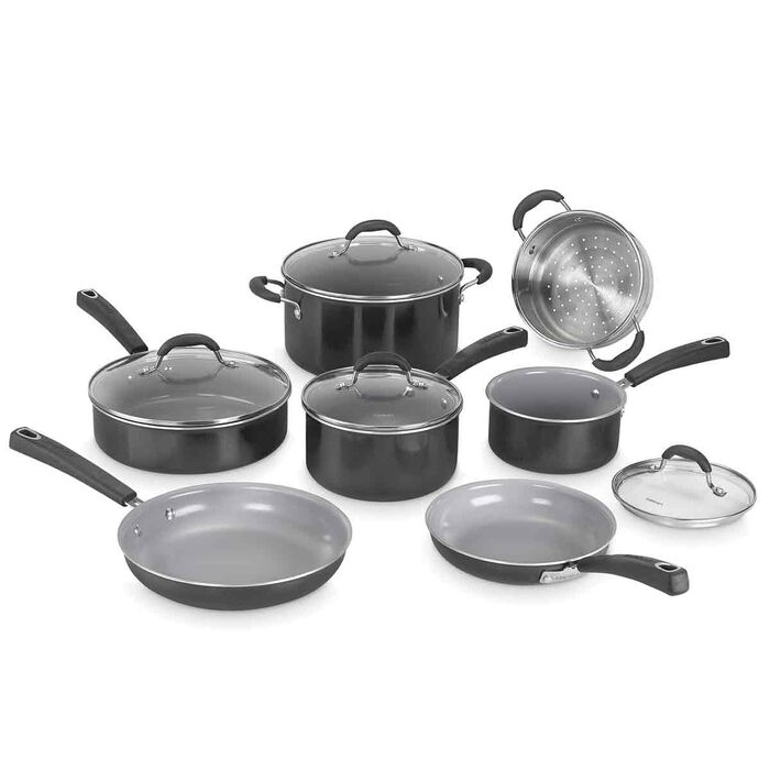 Набір посуду Cuisinart Ceramica XT 11 предметів: каструлі, сковороди, сотейник, пароварка, антипригарне керамічне покриття з титановим зміцненням, без PTFE, PFOA та PFAS, чорний