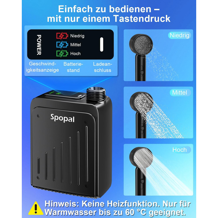 Портативний кемпінговий душ Spopal, водонепроникний IPX8, акумуляторний насос з індикатором рівня заряду та гачком, зарядка Type-C, для подорожей, пляжу, авто та миття тварин