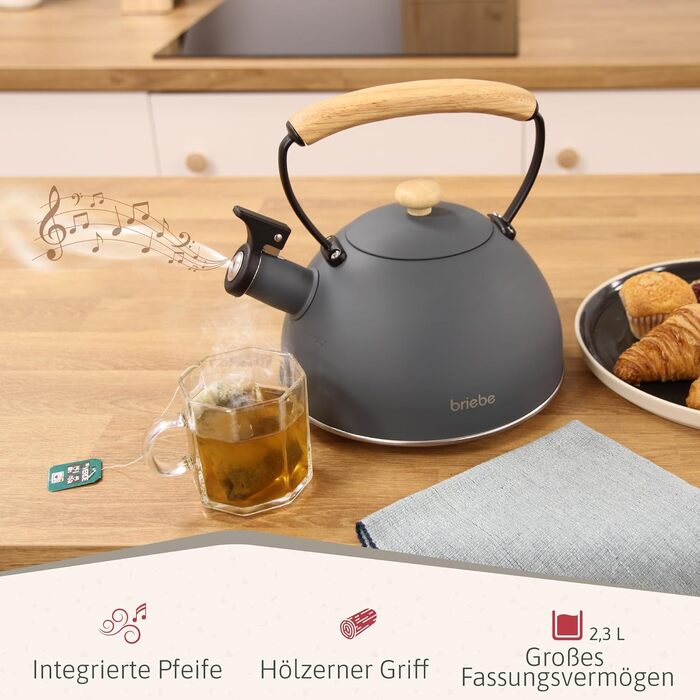 Тостер Briebe Nordic Set 2-слотовий з широкими прорізами, підставка для булочок, 6 рівнів підсмажування + Електричний чайник індукційний 2.3л, нержавіюча сталь, без BPA, Набір для сніданку в скандинавському дизайні (Сірий)