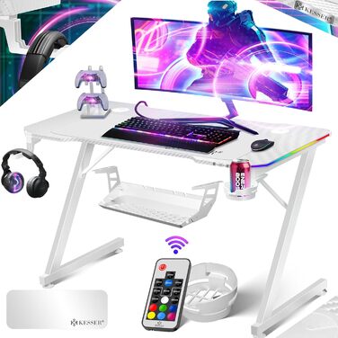 Ігровий стіл KESSER® LED 100x60 см | З-подібний стіл для геймерів | Кріплення для навушників, вуглецеве покриття | Ергономічний стіл для ПК | Стабільний стіл з тримачем для напоїв, білий