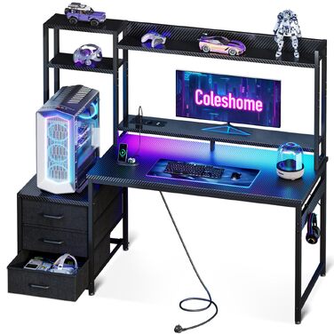 Ігровий стіл Coleshome з LED підсвіткою, полицею, висувними ящиками та розеткою 137x48 см (Чорний карбон)