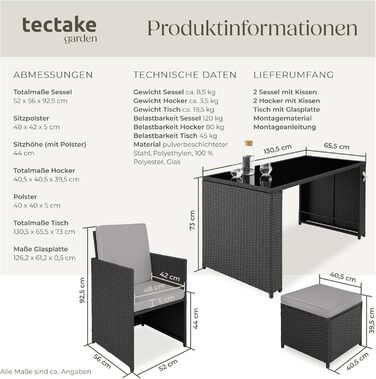Садовий набір меблів tectake з поліратану, 5 предметів: стіл, крісла, пуфики, комплект для саду та балкону з подушками, чорний/сірий, для 4 осіб