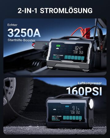 Пусковий пристрій для авто VANTRUE POWER JS3: бустер-павербанк з компресором 160 PSI, чорно-сріблястий