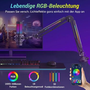 Мікрофон геймерський TONOR T90 з RGB підсвіткою та тримачем - професійний мікрофон для стрімінгу та ігор