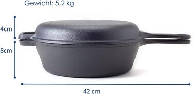 Чавунний 2-в-1 казан Hanseküche з кришкою-сковорідкою, 26 см – універсальний жаровий посуд для приготування, випікання хліба, смаження та тушкування, вже прожарений, преміум-якість