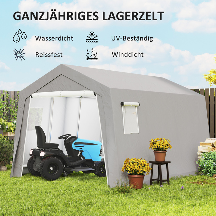Outsunny Garden Shed з двосхилим дахом Водонепроникний садовий намет з дверима, вікнами, антипиловим покриттям для велосипеда, фольгований садовий сарай Велосипедний гараж для саду патіо, 300 x 447 x 255 см, світло-сірий