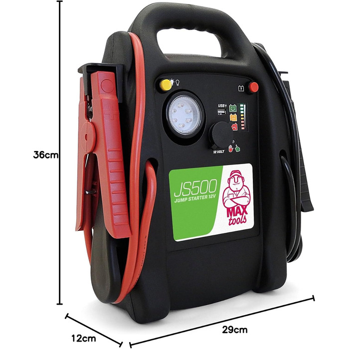 Бустер для авто MAXTOOLS JS500 2200A 22Ah: пусковий пристрій (джампстартер) для 12V дизельних та бензинових двигунів, Powerbank з LED-ліхтарем та USB