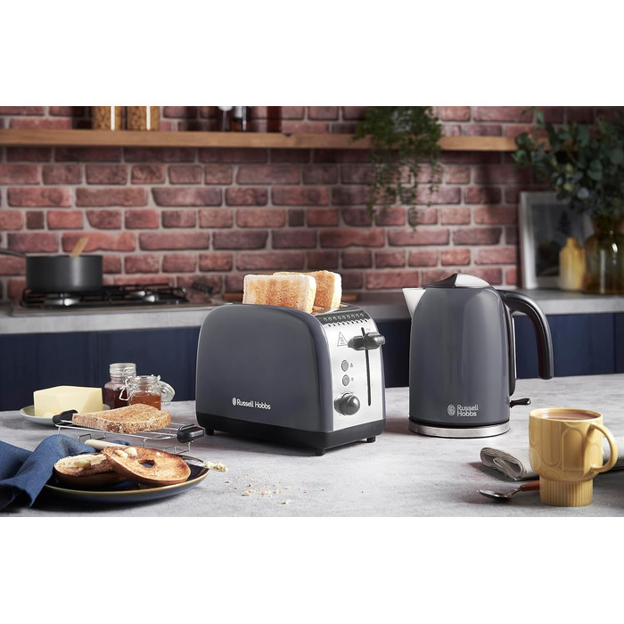 Тостер Russell Hobbs Colours Plus Edelstahl на 2 тости, сірий. З широкими слотами, підставкою для булочок, 6 режимів підсмажування, розморожуванням, функцією Lift & Look, 1600 Вт