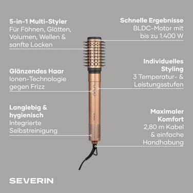 Мультистайлер для волосся 5-в-1 Severin S-Style WL 0684: іонний фен та щітка для укладки з Airflow технологією, 1500 Вт, мідно-чорний