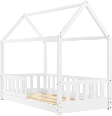 Дитяче ліжко Juskys Marli 80x160 см з бортиком, ламельною основою та дахом, будиночок з масиву дерева, біле