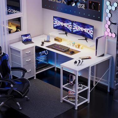 Ігровий кутовий стіл JUMMICO L-подібний 170x95 см з LED підсвіткою, регульованою підставкою під монітор, 3 шухляди, 2 розетки, 2 USB, сталевий та дерев'яний, білий