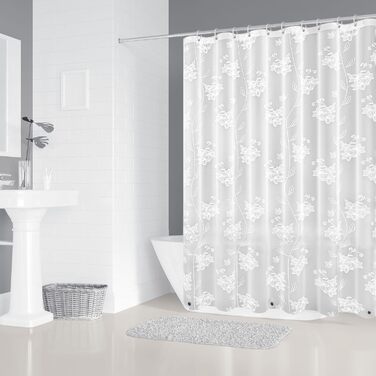 Прозора шторка для ванної Whoiy 180x200 см, EVA, водонепроникна, антибактеріальна, з білими квітами